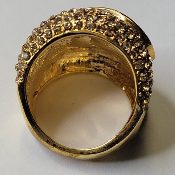 Two Tone Gold and Amber Color Wide Ring Concave Design with Rhinestones Size 6.5 - Picture 5 of 14